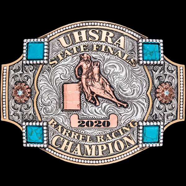The Muskogee Custom Belt Buckle is a unique buckle design with the shape of a championship belt and large turquoise stones. Personalize this buckle today!